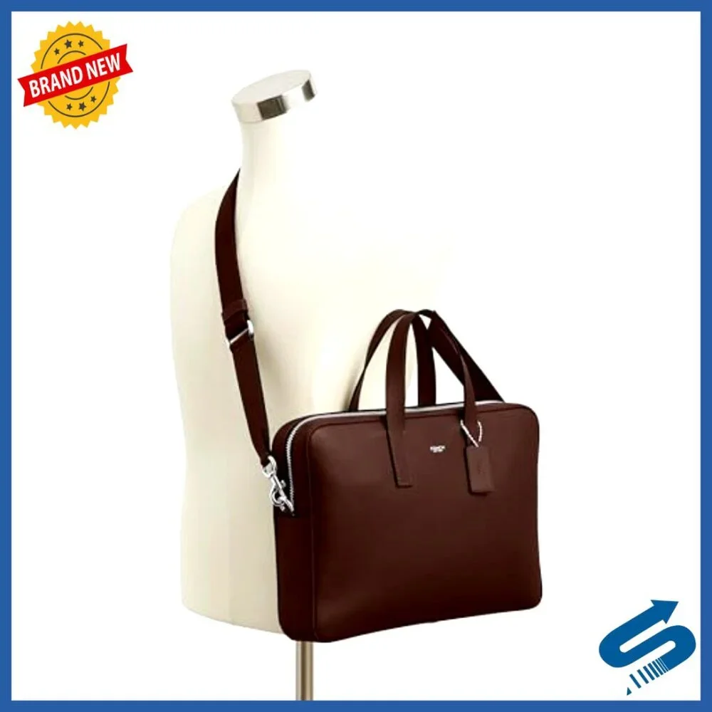 Leather Briefcase with Laptop Sleeve Detachable Strap Work Commute